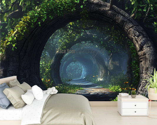 Enchanted Forest Wall Mural for Bedroom – Mystical Tree Tunnel Nature Wallpaper Vn580