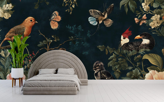 Birds & Flowers Wall Mural – Vintage Botanical Bedroom Wallpaper, Nature-Inspired Accent Wall Art Vn213