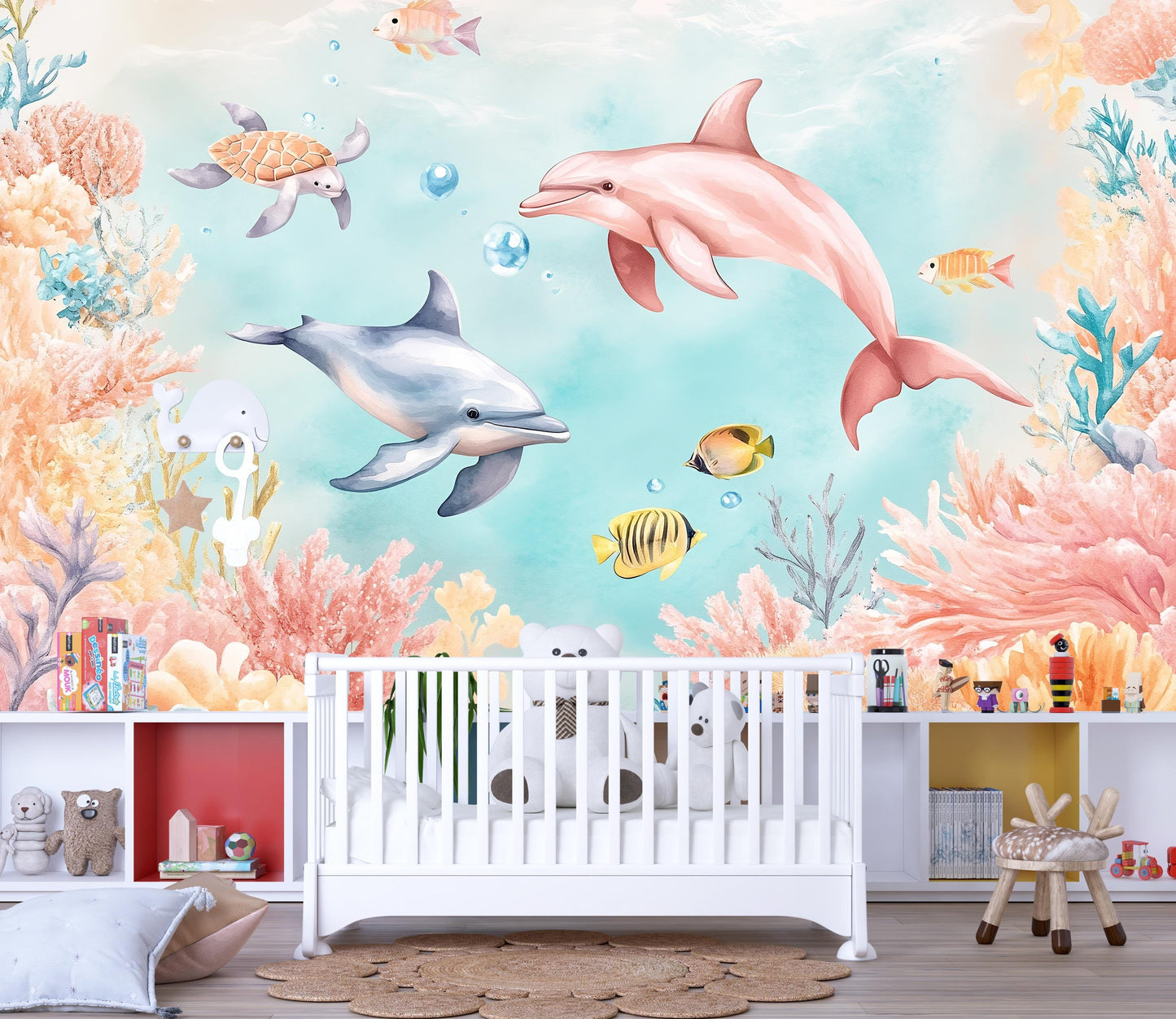 Colorful Dolphin Wall Mural – Ocean Underwater Kids Wallpaper with Fish & Coral Vn985