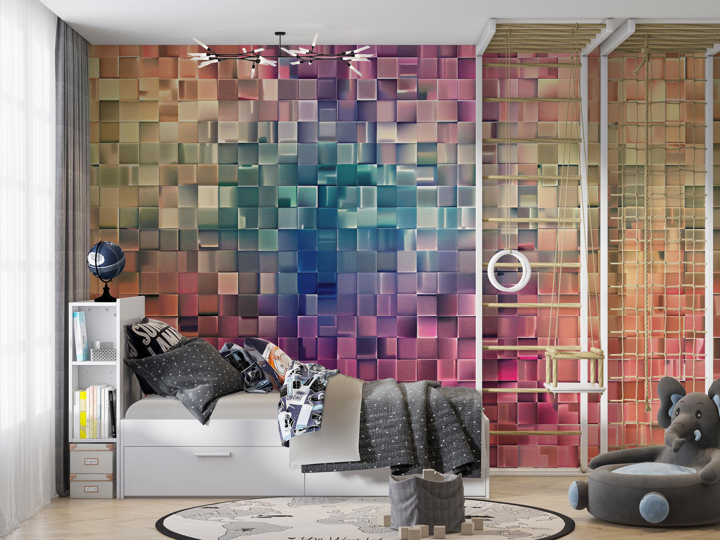 3D Pixel Wall Mural – Colorful Geometric Block Wallpaper for Kids Bedroom, Playroom & Creative Spaces Vn1085