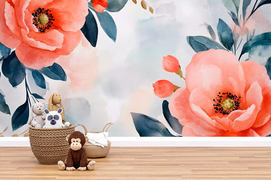 Large Floral Wall Mural for Nursery Room | Watercolor Peony Wall Art | Kids Room Wallpaper Decor  Vn628