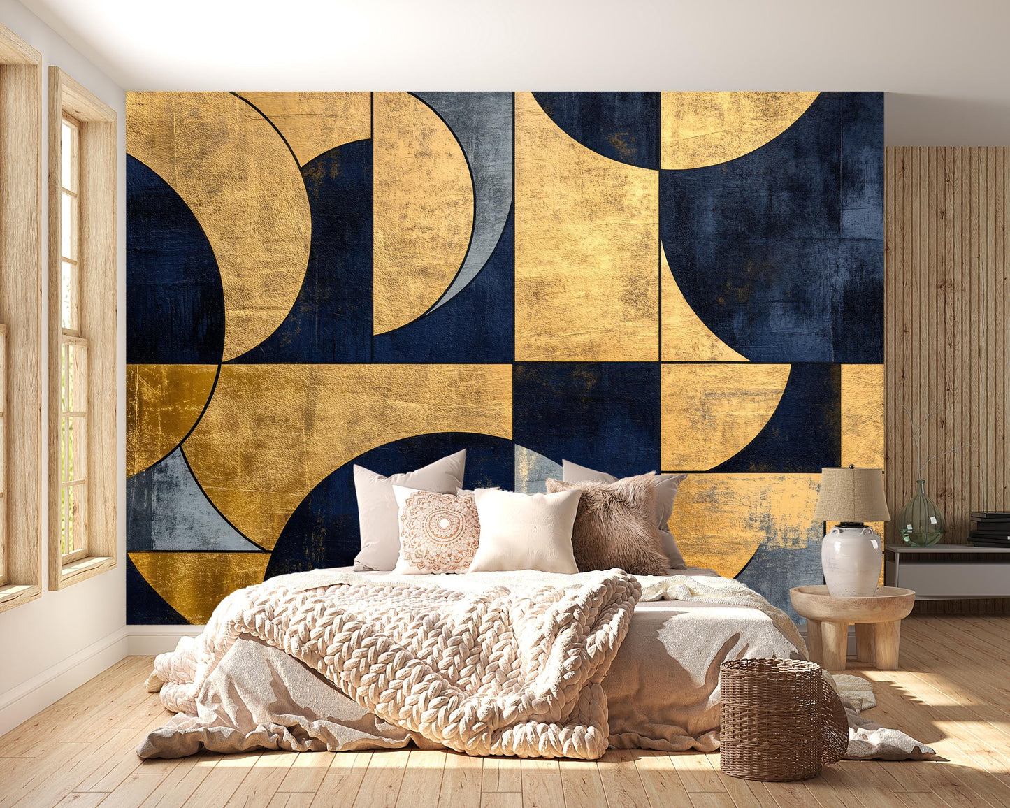 Navy Gold Geometric Wall Mural – Modern Art Deco Wallpaper Vn962