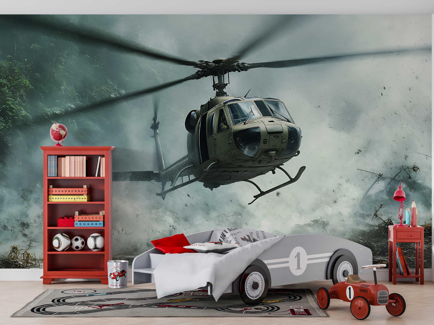 Helicopter War Scene Wall Mural for Boys Room – Epic Military Themed Wallpaper – UH-1 Huey Chopper Mural – Kids Room Wall Decor Vn456