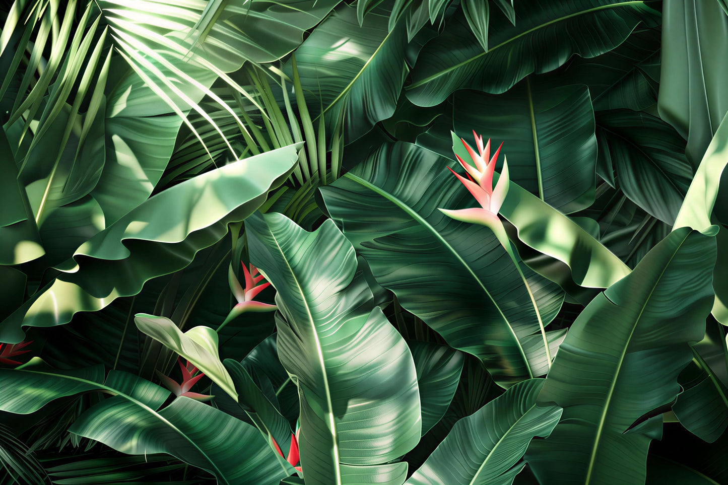 Tropical Jungle Leaf Wall Mural – Bold Green Botanical Wallpaper with Exotic Plants Vn1052