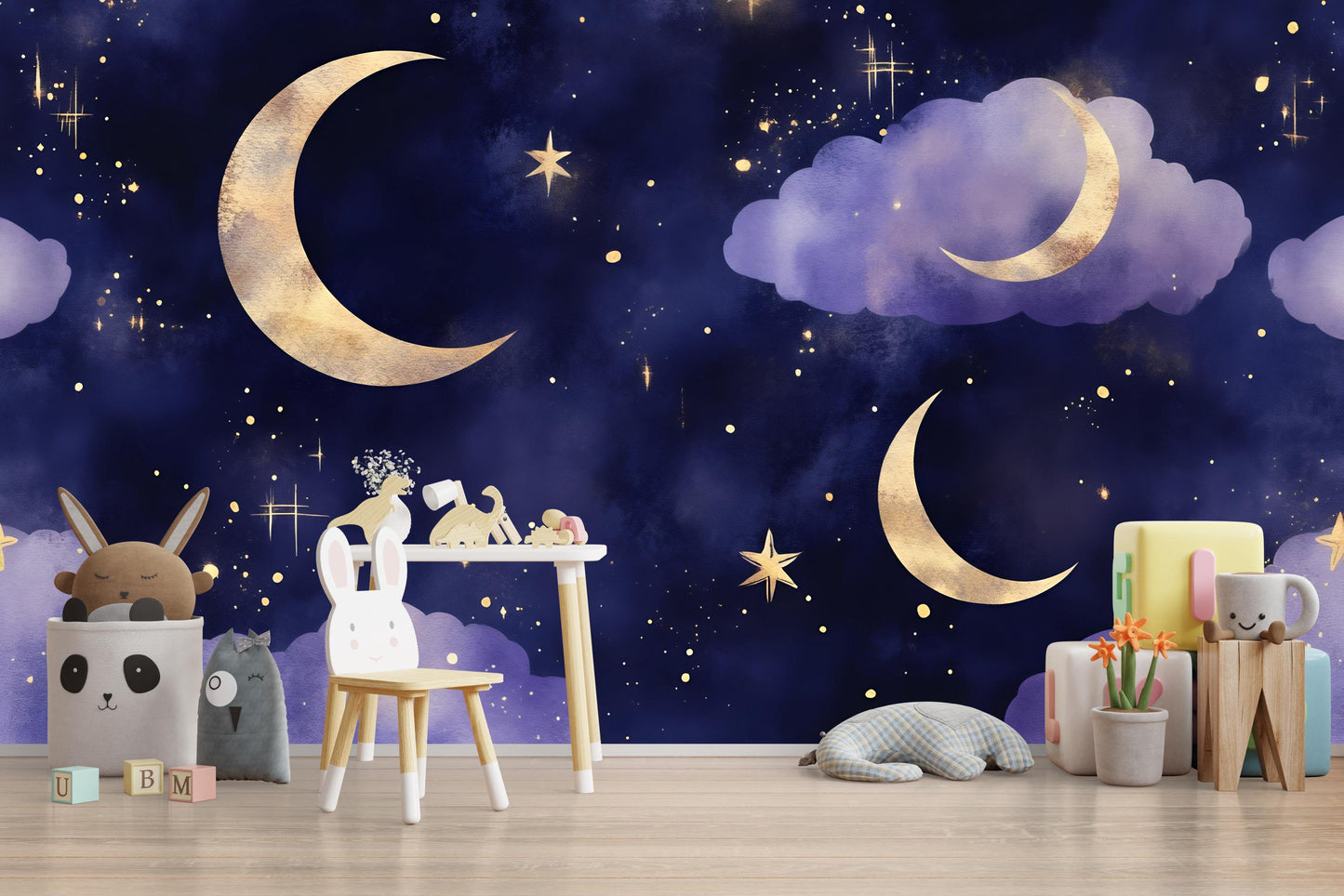 Moon and Stars Mural – Purple Night Sky Nursery Wallpaper Baby Room Decor Vn995