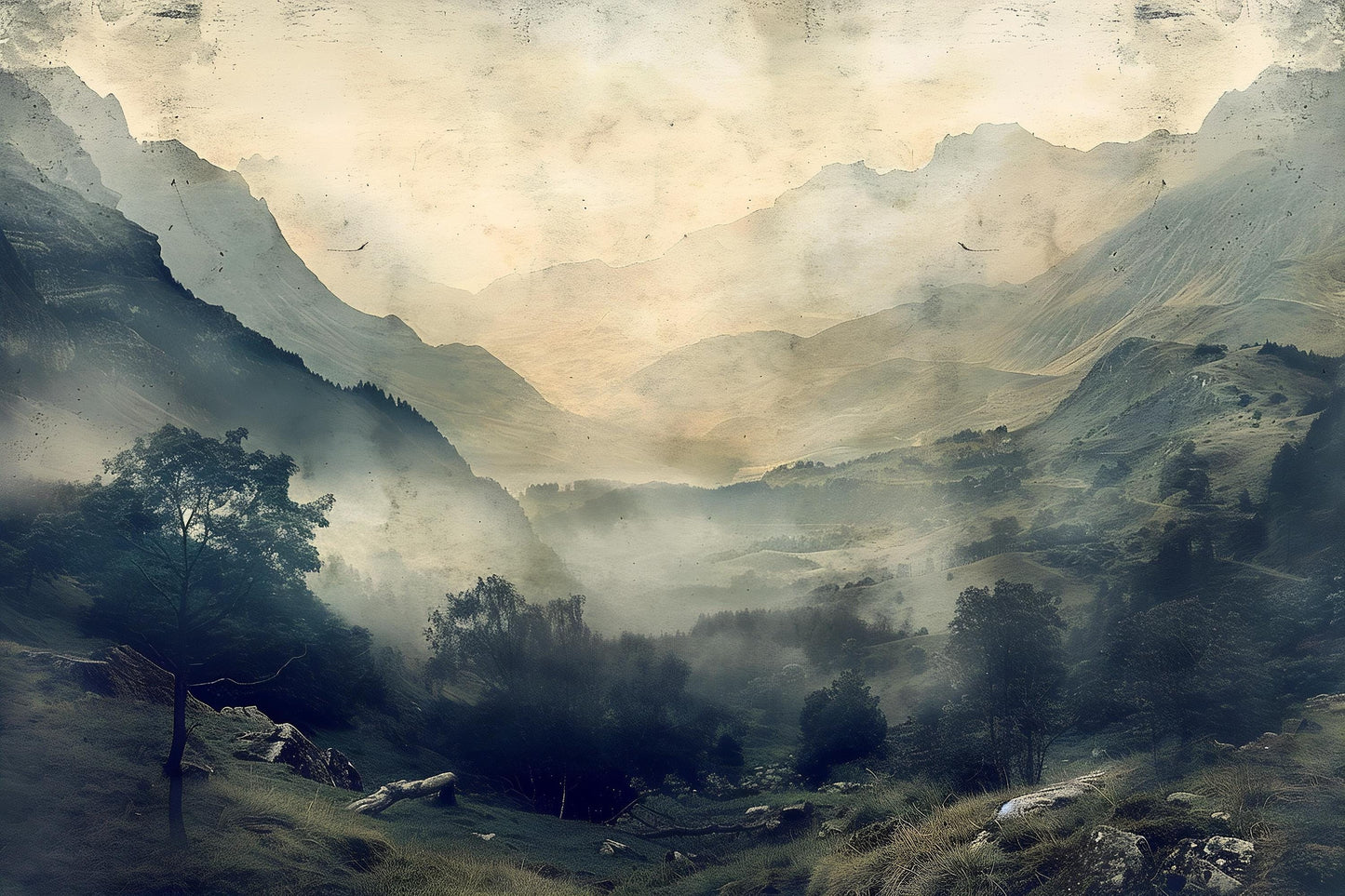 Misty Mountain Valley Wall Mural – Moody Foggy Forest Landscape Wallpaper Vn1009