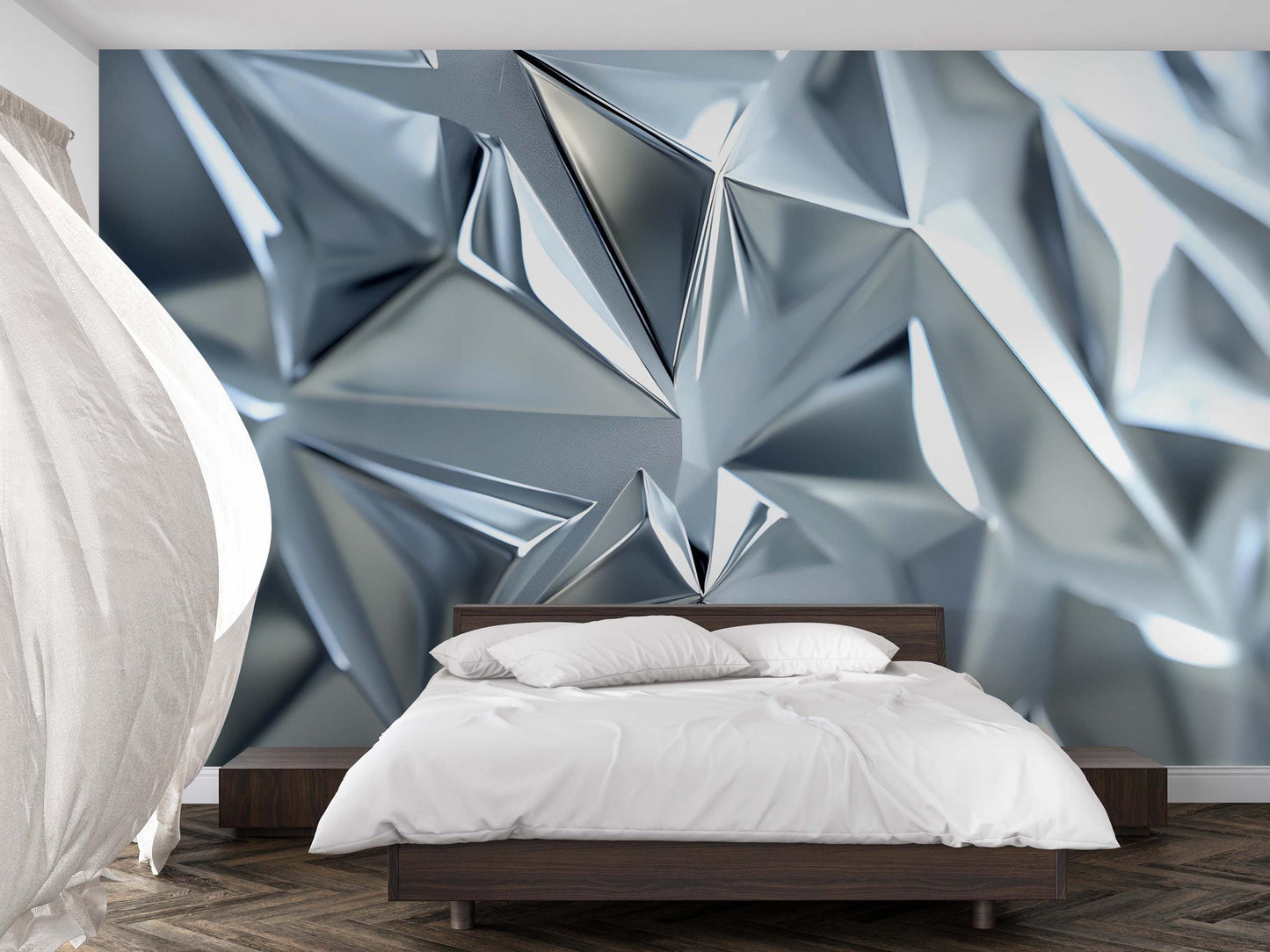 Geometric Silver Chrome Wall Mural – Modern 3D Metallic Abstract Wallpaper for Bedroom or Living Room Vn747