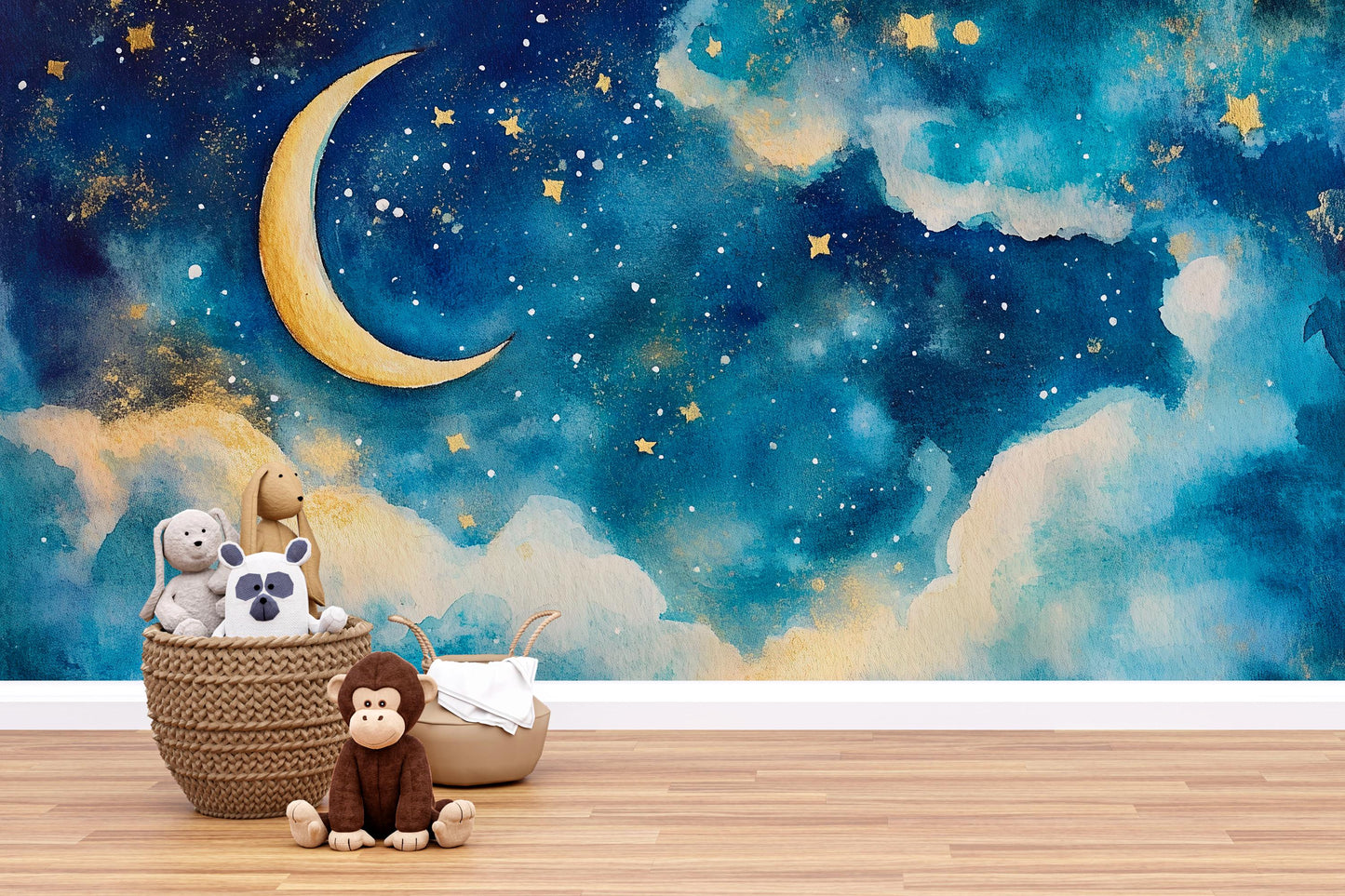Crescent Moon Wall Mural – Starry Sky Nursery Wallpaper, Dreamy Cloud Accent Wall for Kids Room or Baby Nursery Vn855