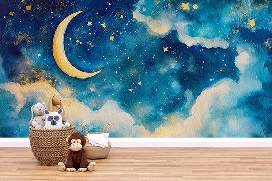 Crescent Moon Wall Mural – Starry Sky Nursery Wallpaper, Dreamy Cloud Accent Wall for Kids Room or Baby Nursery Vn855