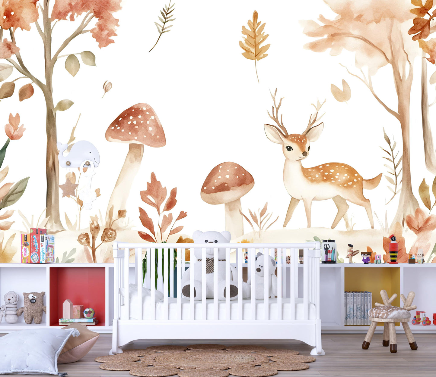 Woodland Deer Wall Mural - Nursery Forest Wallpaper - Cute Animal Kids Room Decor - Autumn Nature Scene Vn500