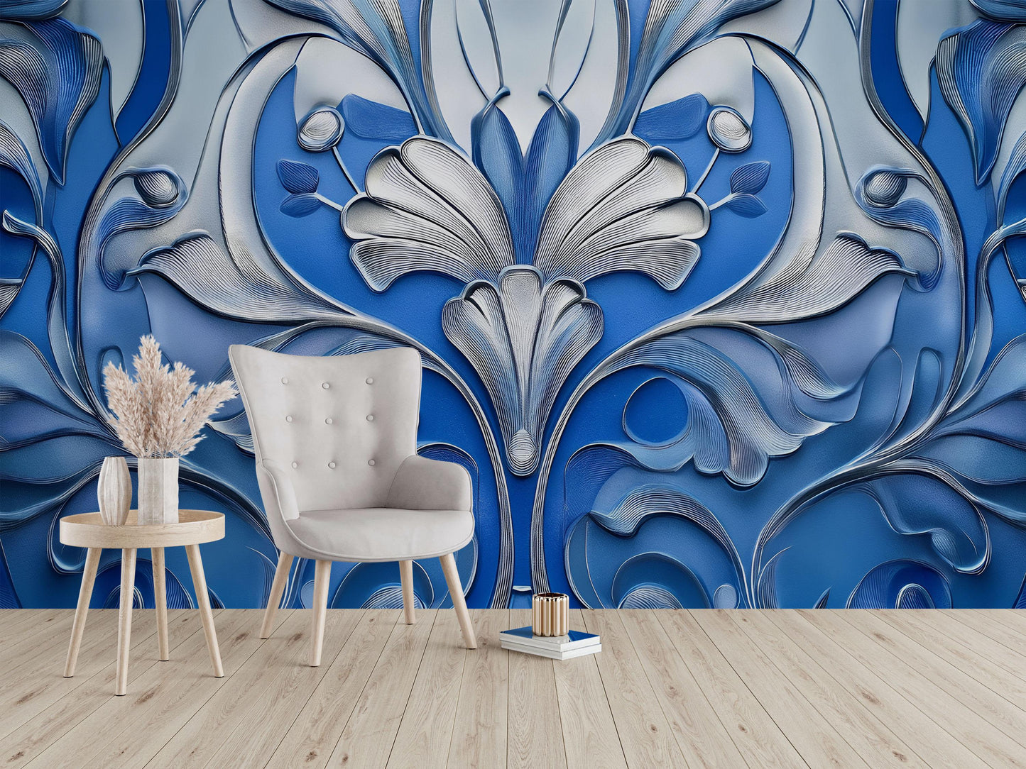 3D Blue Floral Wall Mural – Elegant Embossed Botanical Art Wallpaper for Living Room & Bedroom Vn757