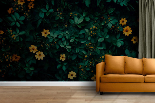 Floral Jungle Wall Mural | Yellow Flowers Botanical Wallpaper | Lush Leafy Nature Art | Modern Botanical Living Room Decor Vn208