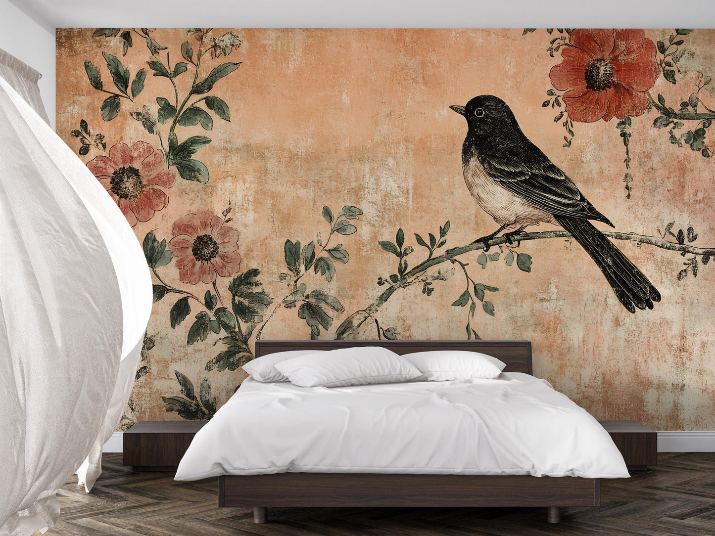Rustic Bird Mural – Vintage Floral Wallpaper Botanical Wall Art Vn1001