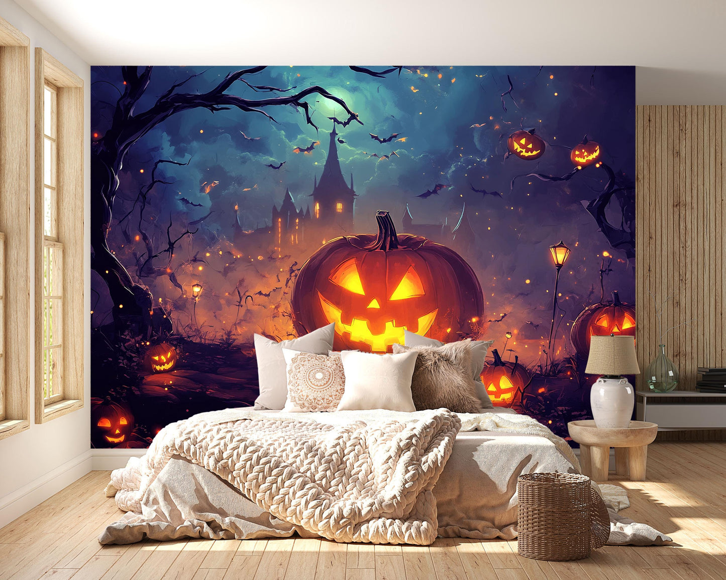 Halloween Pumpkin Wall Mural – Spooky Jack O’Lantern Night Scene Vn811