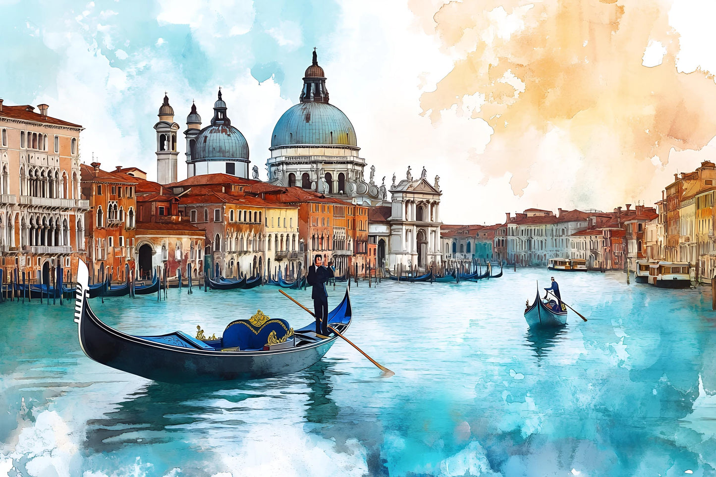 Venice Gondola Basilica Wall Mural – Watercolor Italy Grand Canal Wallpaper for Living Room & Bedroom Vn921