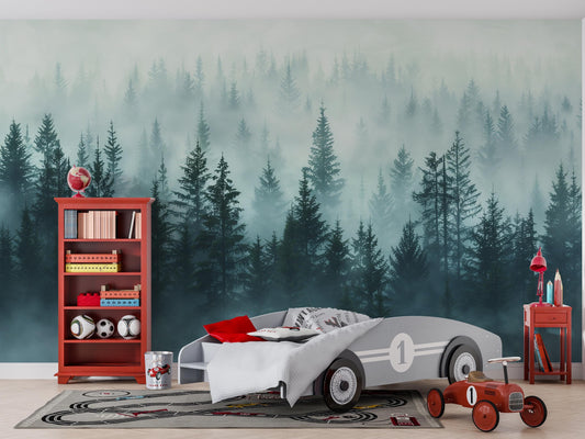 Misty Forest Wall Mural – Foggy Woodland Pine Tree Wallpaper, Nature Landscape Accent Wall Decor for Bedroom or Kids Room Vn1075