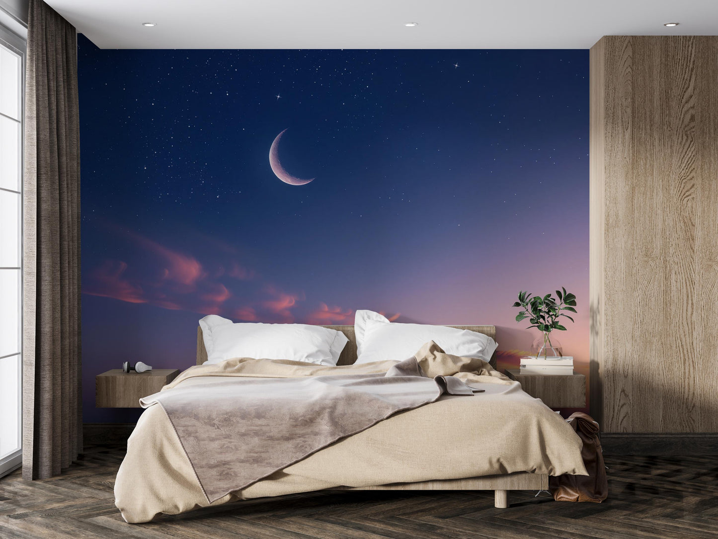 Crescent Moon Wall Mural – Starry Night Sky & Sunset Wallpaper, Celestial Accent Wall Decor for Bedroom, Nursery or Meditation Room Vn1080