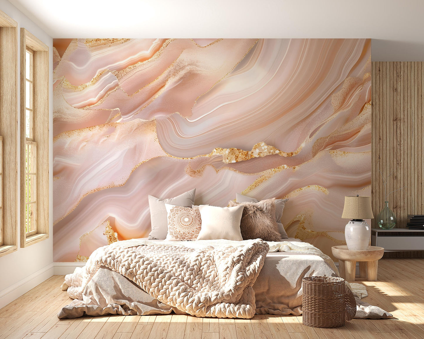 Blush Pink Marble Wall Mural – Luxury Gold Vein Wallpaper for Bedroom, Living Room, Glam Decor Vn1088