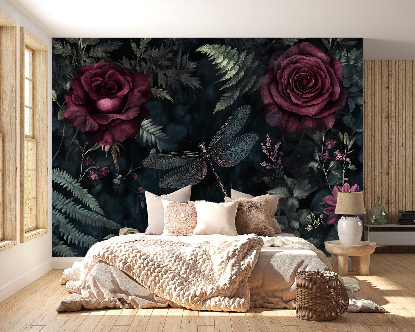 Dark Red Rose & Dragonfly Wall Art – Gothic Botanical Print Vn957