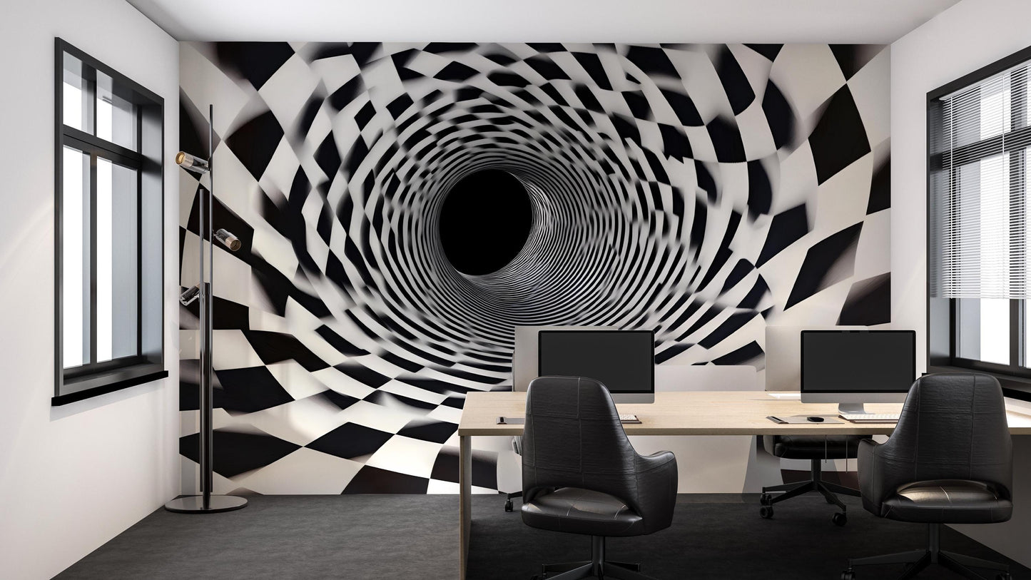 Black White 3D Tunnel Wall Mural – Optical Illusion Wallpaper Vn909