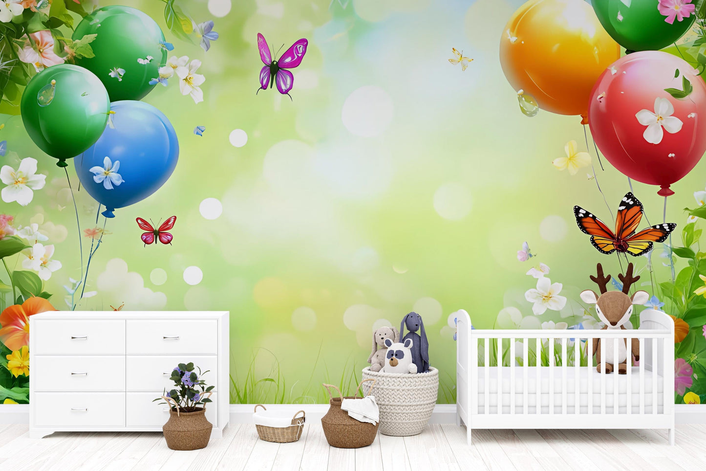 Whimsical Balloon Butterfly Nursery Wall Mural – Nature Theme Baby Room Wallpaper – Colorful Spring Background for Kids Room Vn257