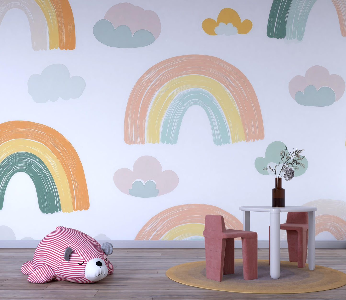 Rainbow Wall Mural – Hand Painted Pastel Clouds Wallpaper for Nursery & Kids Room Vn983