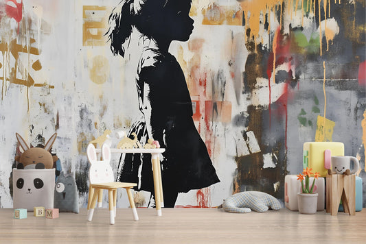 Modern Graffiti Wall Art of Girl Silhouette – Urban Street Art Canvas Mural for Kids Room, Playroom, or Nursery Vn736