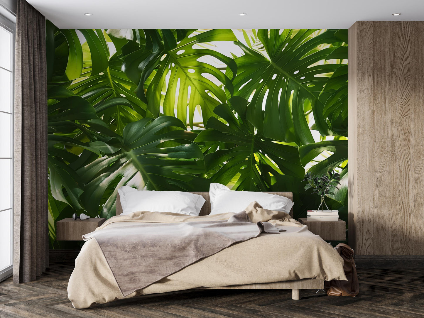 Tropical Leaf Wall Mural – Monstera Jungle Wallpaper, Botanical Greenery Accent Wall Decor for Bedroom or Living Room Vn1062