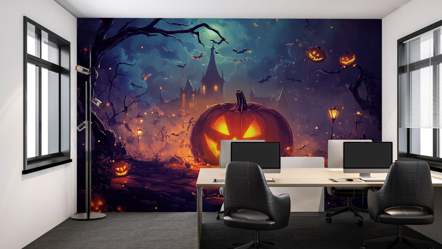 Halloween Pumpkin Wall Mural – Spooky Jack O’Lantern Night Scene Vn811