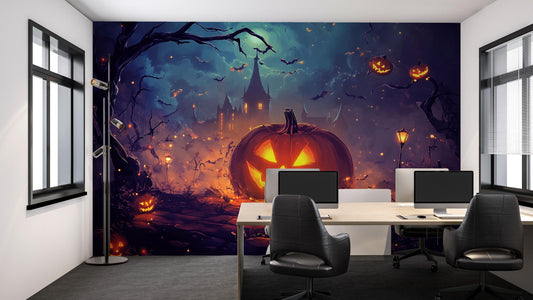 Halloween Pumpkin Wall Mural – Spooky Jack O’Lantern Night Scene Vn811
