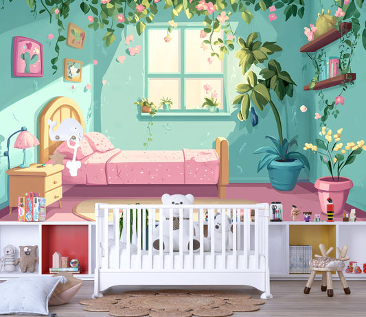 Whimsical Girls Room Wall Mural – Pink Floral Garden Bedroom Decor, Indoor Nature Scene Art Vn440