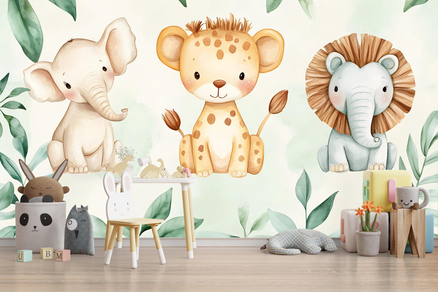 Safari Animal Wall Mural – Cute Lion Elephant Leopard Nursery Wallpaper Vn991