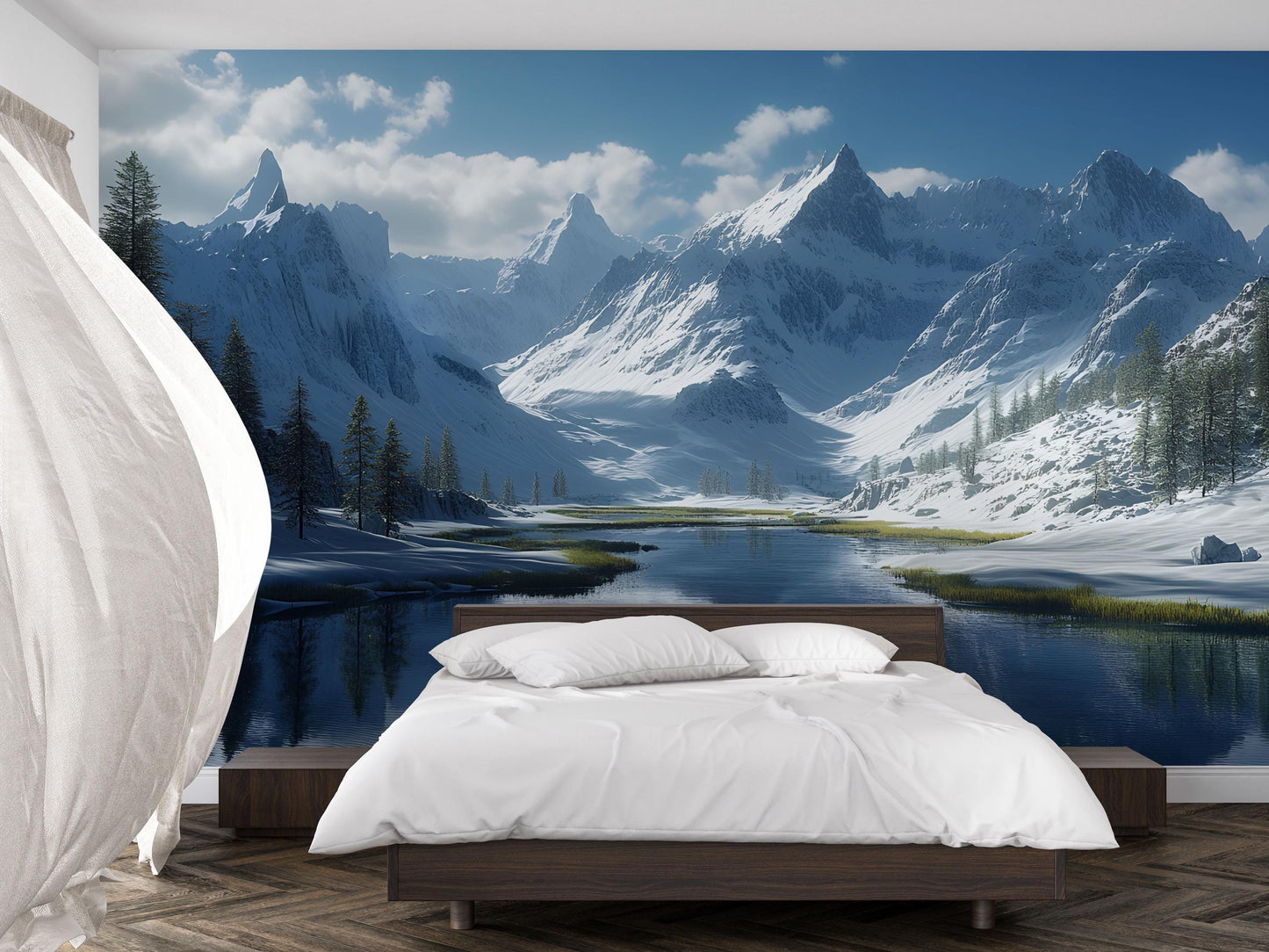 Snowy Mountain Wall Mural | Winter Landscape Bedroom Wallpaper Vn696