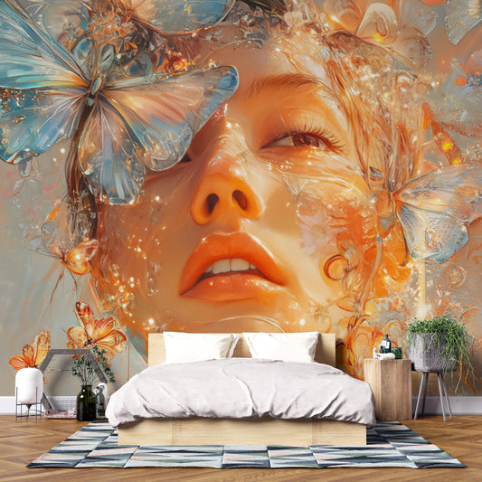 Surreal Butterfly Woman Wall Mural, Dreamy Face Art Print, Bedroom Accent Wall Decor, Modern Feminine Artwork, Large Statement Piece Vn038