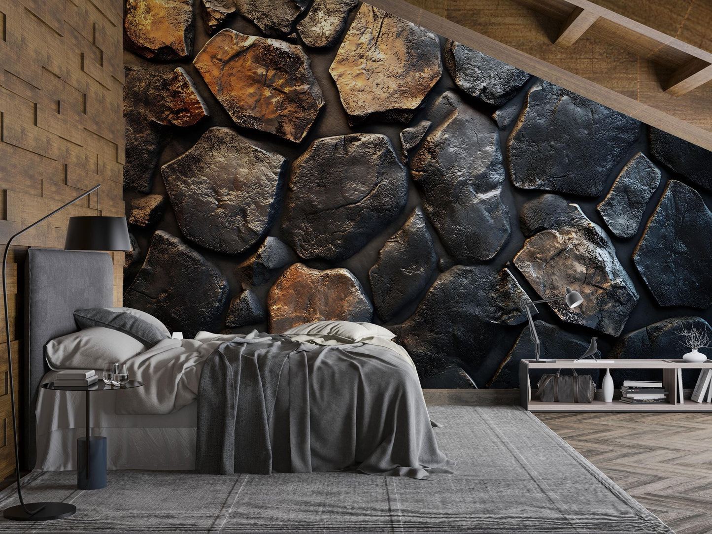 Rustic Stone Wall Mural for Bedroom – 3D Rock Pattern Wallpaper for Modern Industrial Home Décor Vn730