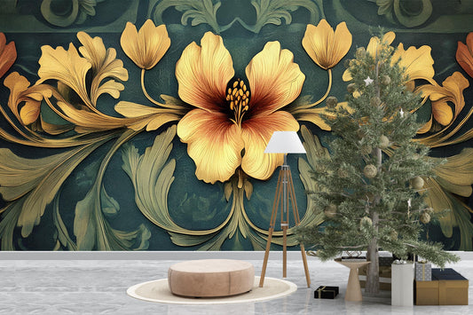Bold Yellow Floral Wall Mural | Large Botanical Art Nouveau Wall Decor | Vintage Style Flower Wallpaper | Peel & Stick or Paste Vn193