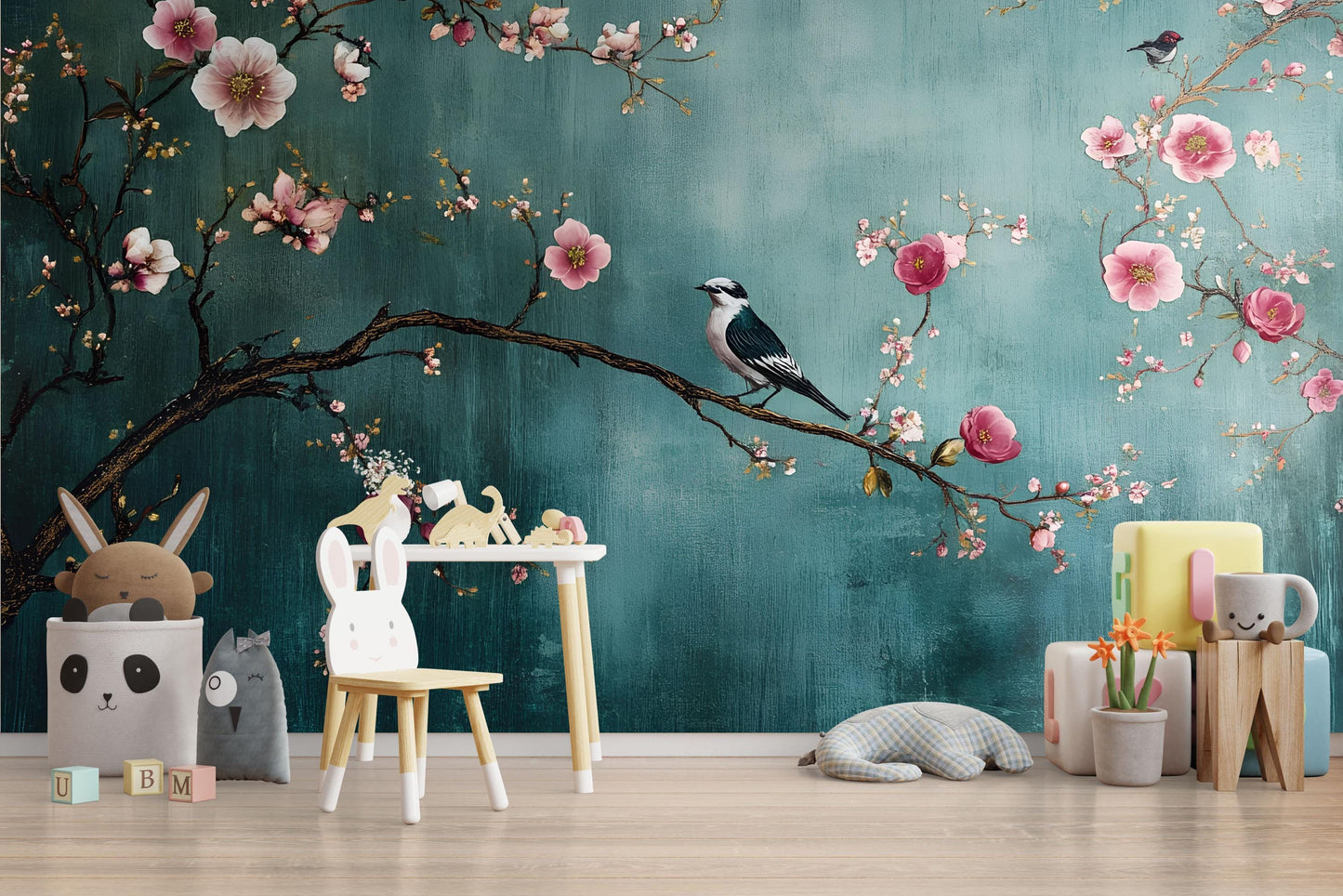 Cherry Blossom Wall Mural – Bird and Floral Nursery Wallpaper, Elegant Botanical Accent Wall for Kids Room or Bedroom Vn856