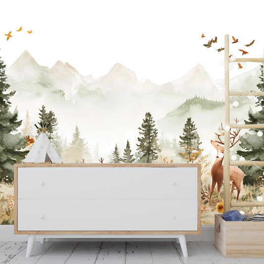 Woodland Forest Nursery Wallpaper Mural – Deer & Mountain Scene for Kids Room | Peel Stick or Traditional Wall ArtVn 294