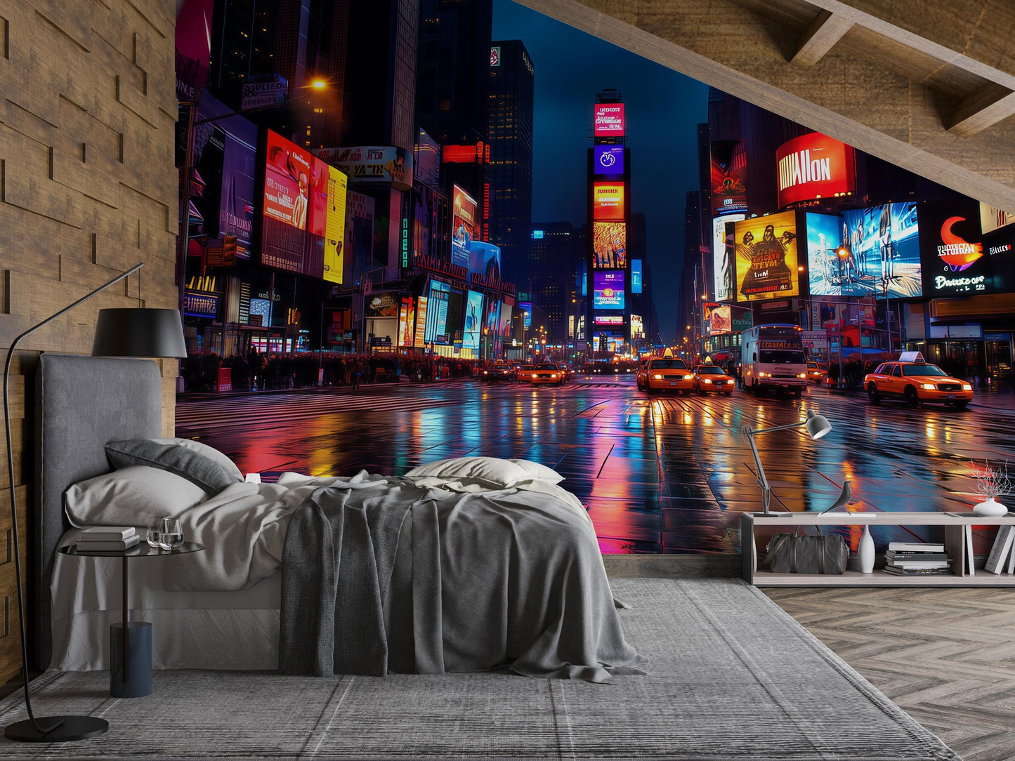 Times Square Wall Mural – NYC Night Lights Taxi Street Wallpaper, Wallpaper for Bedroom Vn899