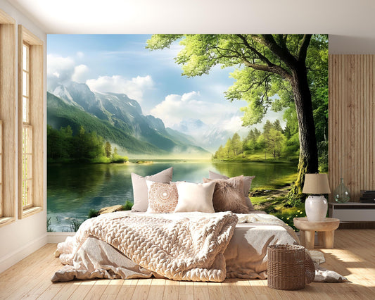 Mountain Lake Wall Mural – Scenic Nature Forest Landscape Wallpaper Vn824
