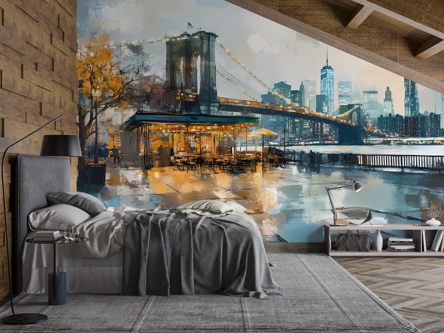 Cityscape Wall Mural - Brooklyn Bridge at Night Art Print Vn370