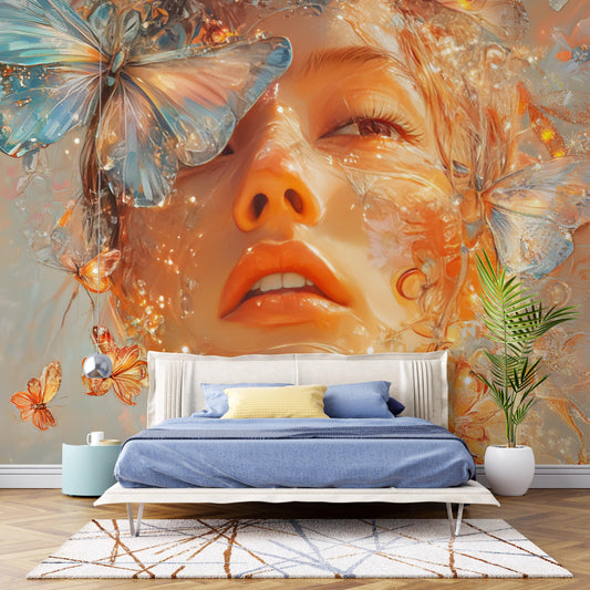 Surreal Butterfly Woman Wall Mural, Dreamy Face Art Print, Bedroom Accent Wall Decor, Modern Feminine Artwork, Large Statement Piece Vn038