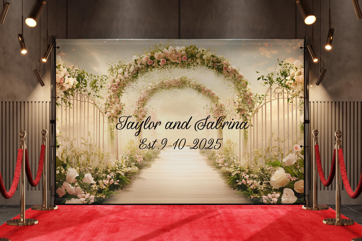 Elegant Floral Wedding Backdrop Sign - Personalized Arch Design with Names & Date - Custom Wedding Decor Vn510