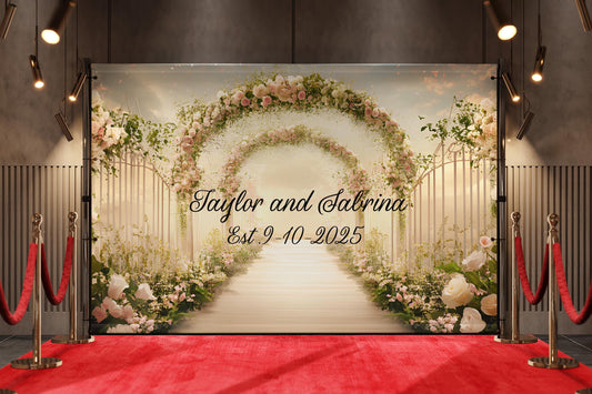 Elegant Floral Wedding Backdrop Sign - Personalized Arch Design with Names & Date - Custom Wedding Decor Vn510