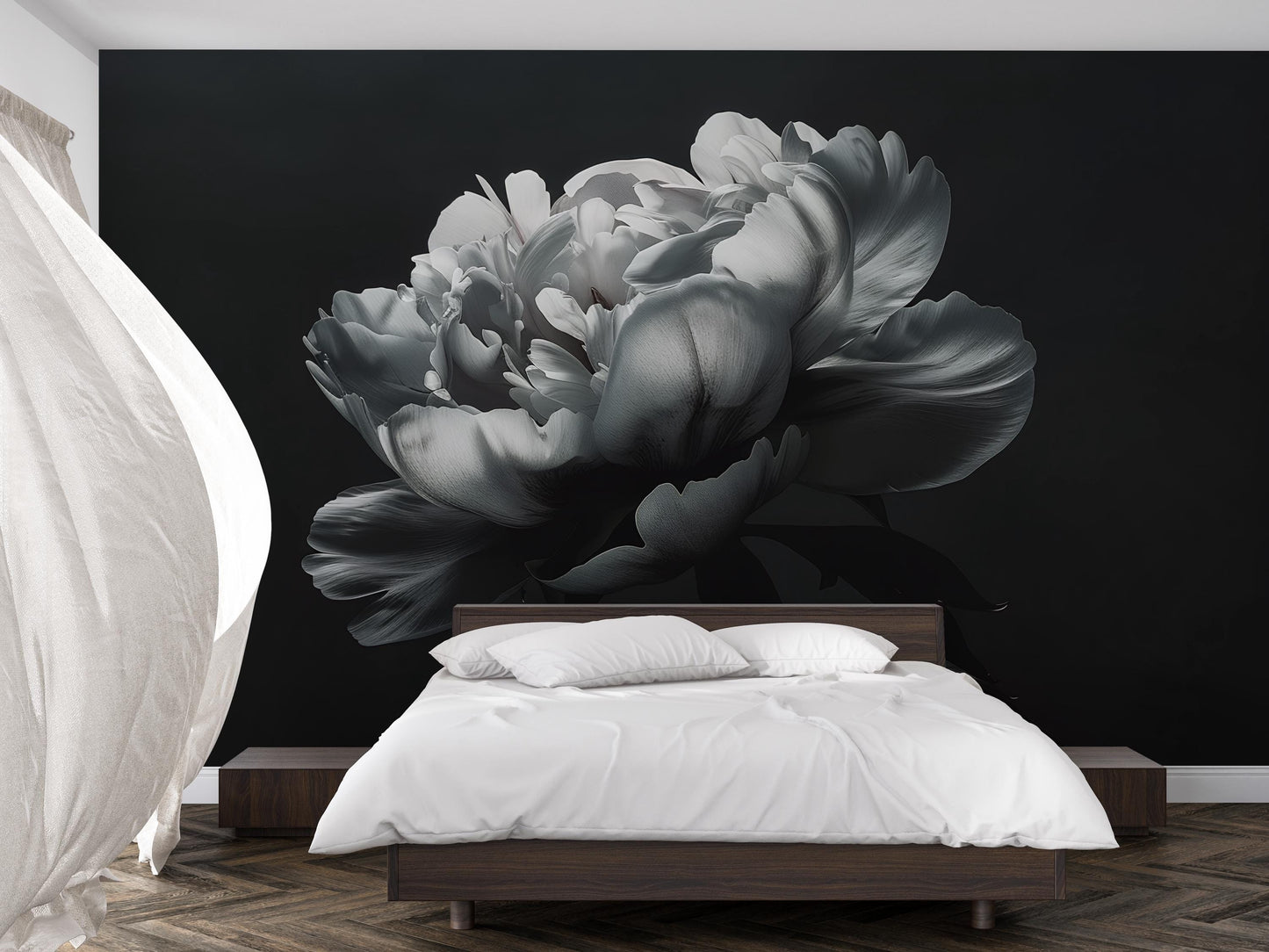 Black and White Peony Wall Mural – Large Dark Floral Wallpaper for Bedroom Accent Wall Vn1050