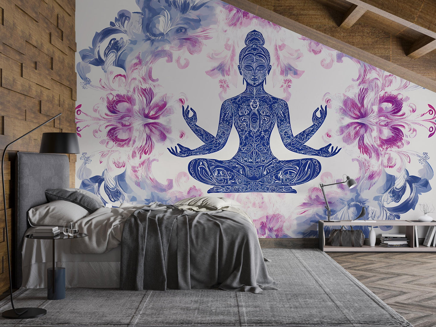 Boho Yoga Wall Mural | Meditating Woman Art | Zen Floral Tapestry for Bedroom Décor Vn481