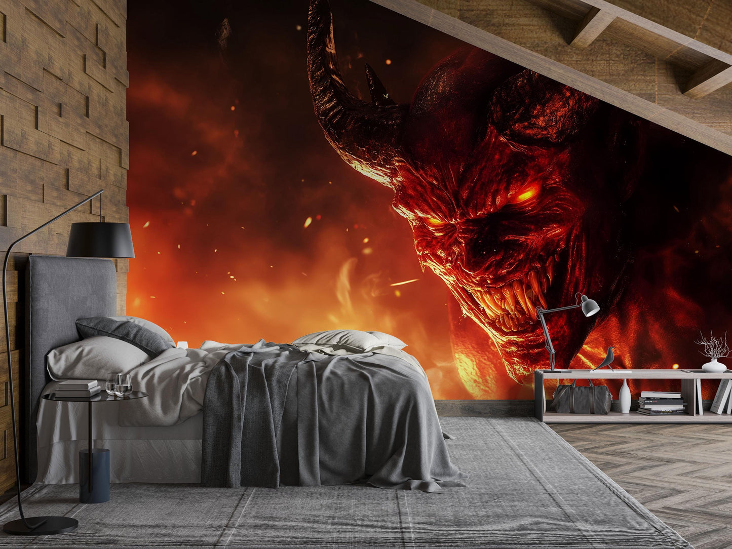 Demon Wall Mural – Fiery Hell Beast Horror Room Decor  Vn810
