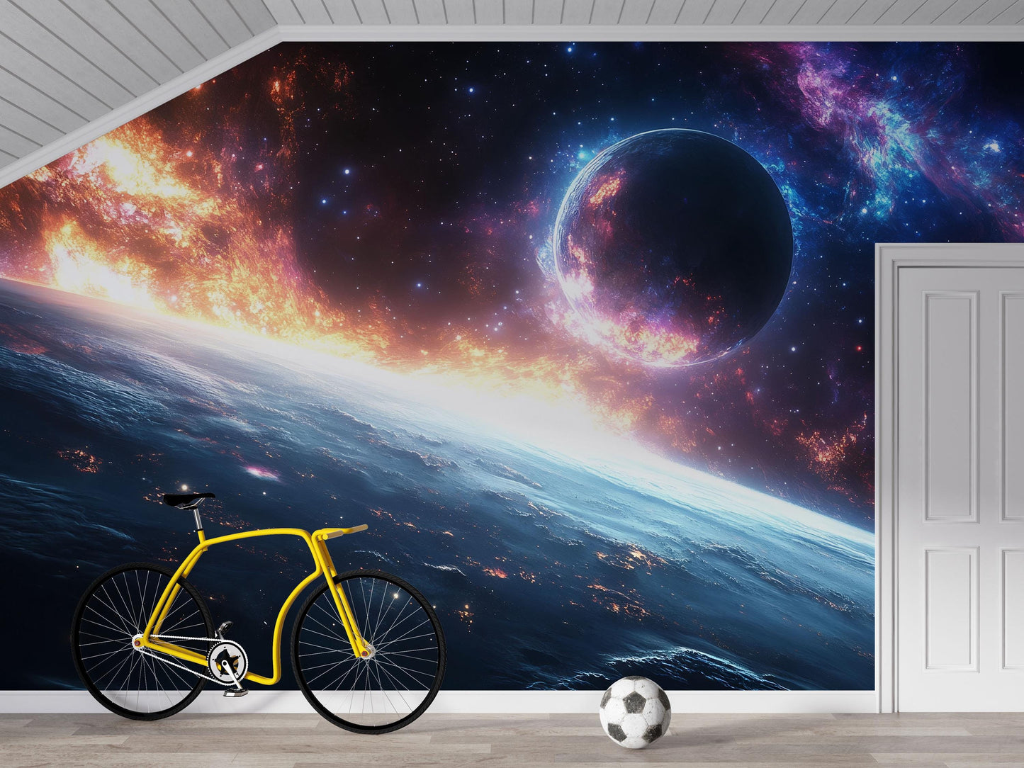 Cosmic Fire Planet Wall Mural – Space Galaxy Wallpaper for Kids Room Decor Vn870