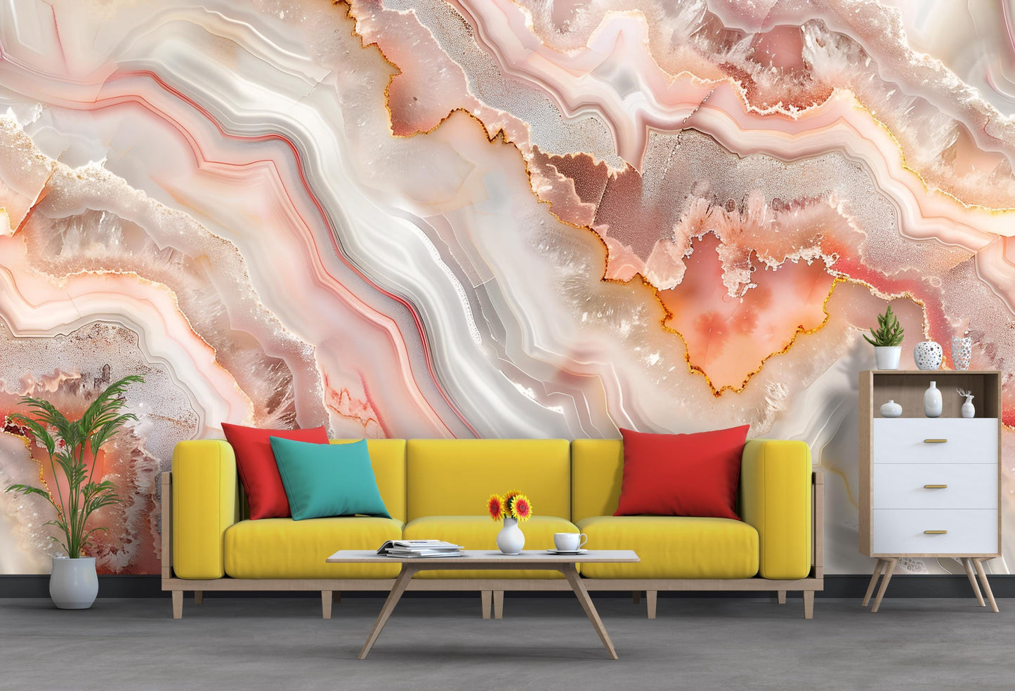 Pink Agate Wall Mural – Crystal Stone Pattern Wallpaper in White & Rose Tones Vn1092
