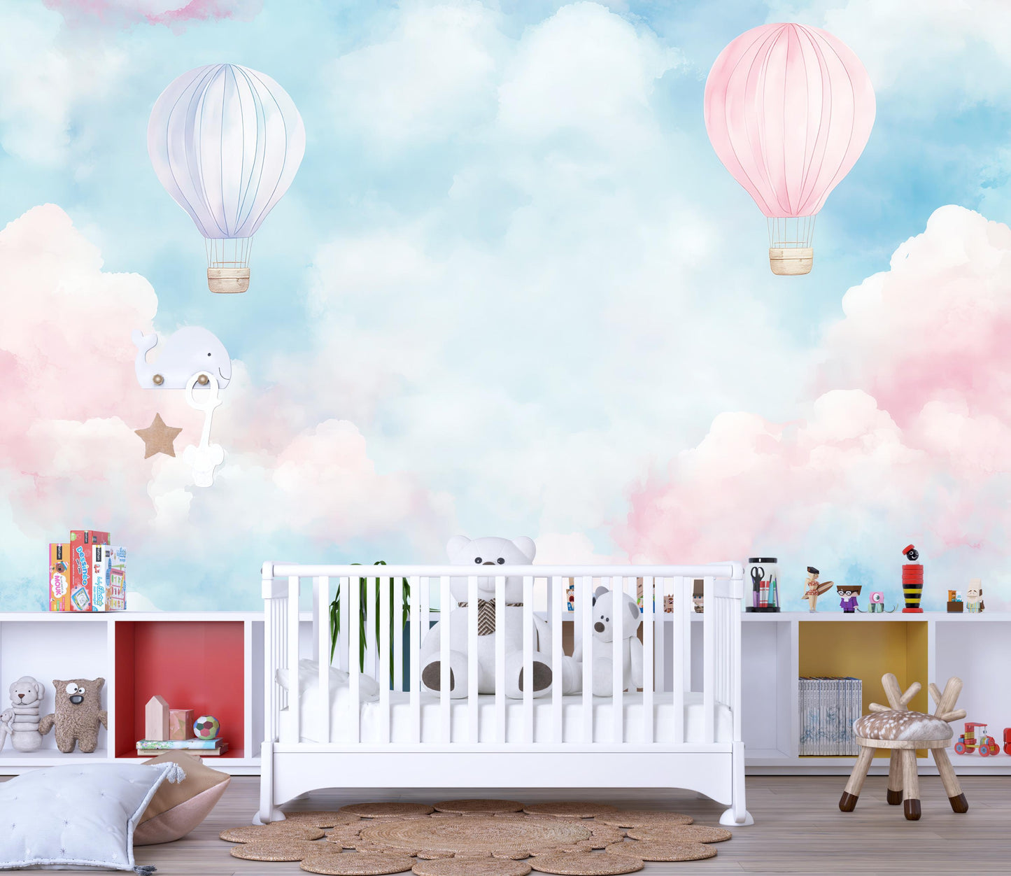 Hot Air Balloon Mural – Pink Purple Cloud Wallpaper Kids Nursery Wall Decor Vn997